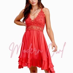 Boho Crochet Lace Trim Slip Dress w/ Uneven Hem